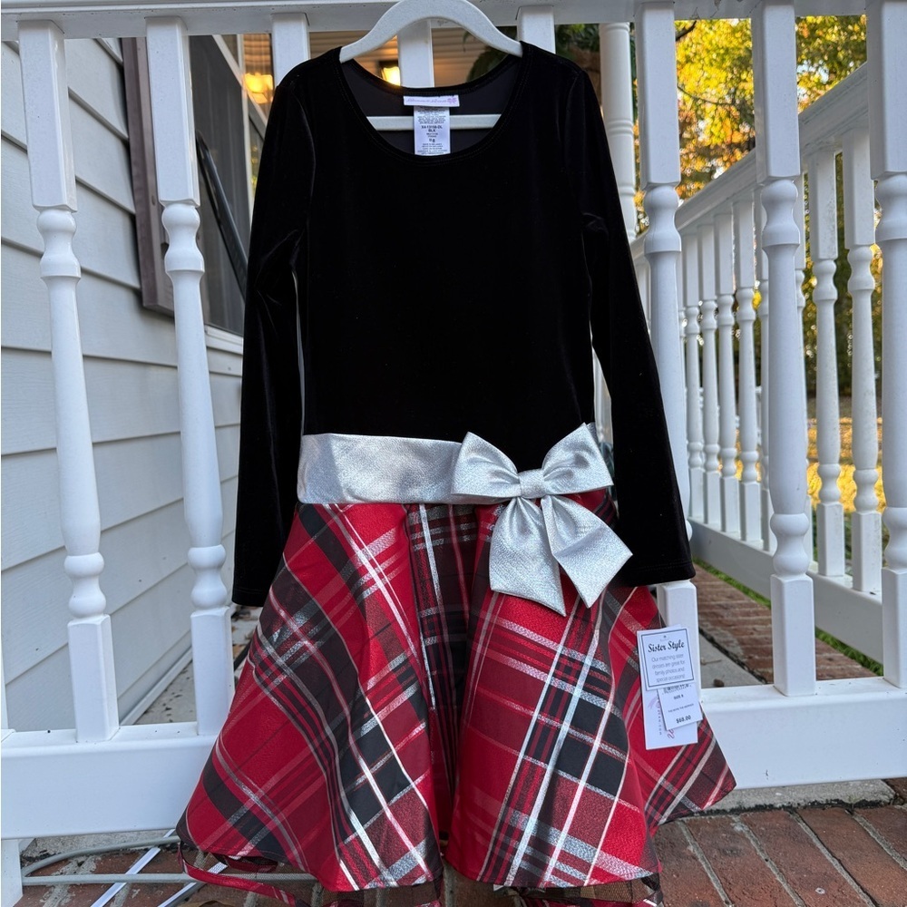 Bonnie Jean Girls Long-Sleeve Plaid Hipster Dress Silver Bow Size 8 NWT Holiday - Picture 4 of 6